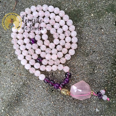 Japa Mala Quartzo Rosa e Ametista Buda 8mm