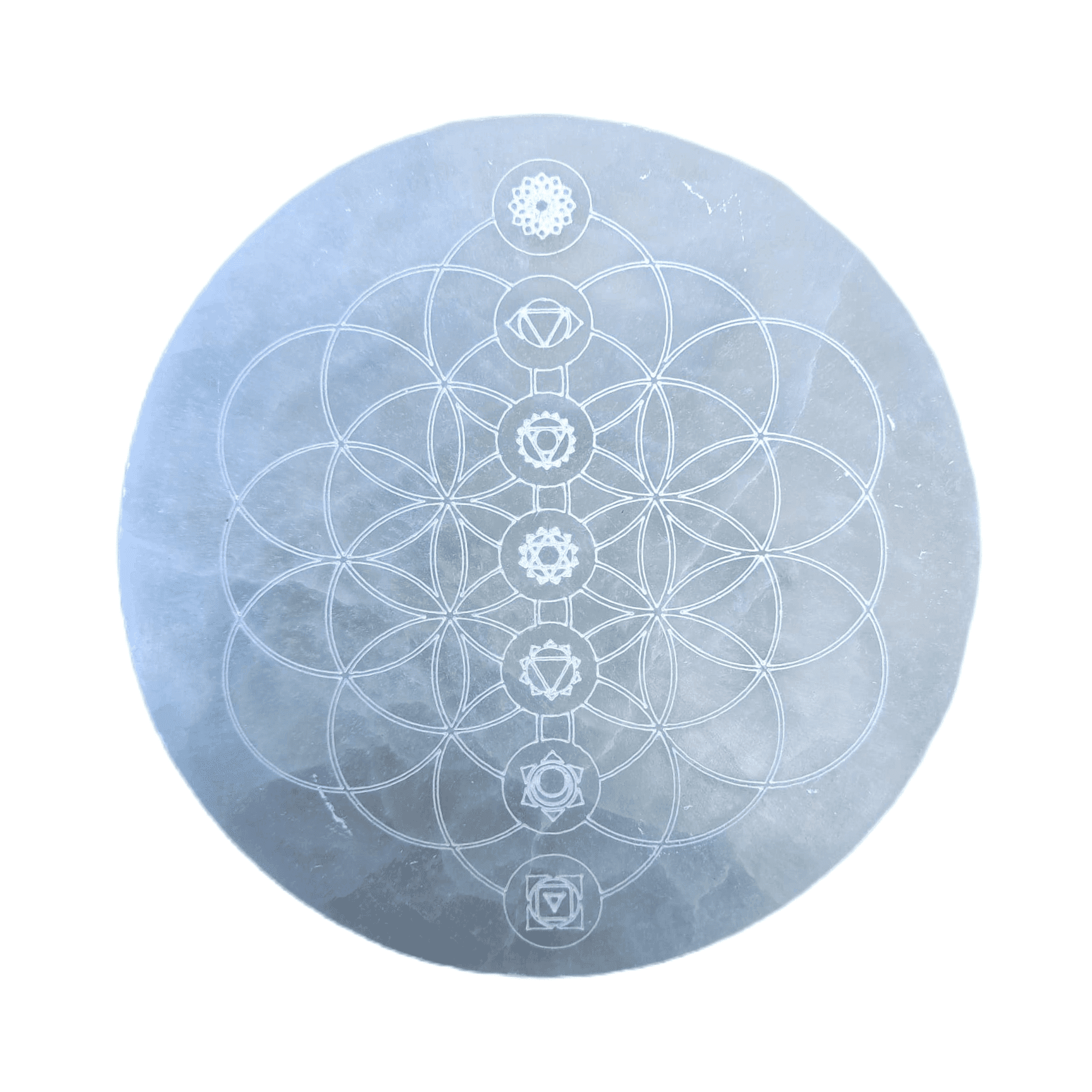 Placa de Selenite Redonda Flor da Vida com Chakras Placa de Selenite Redonda Flor da Vida com Chakras